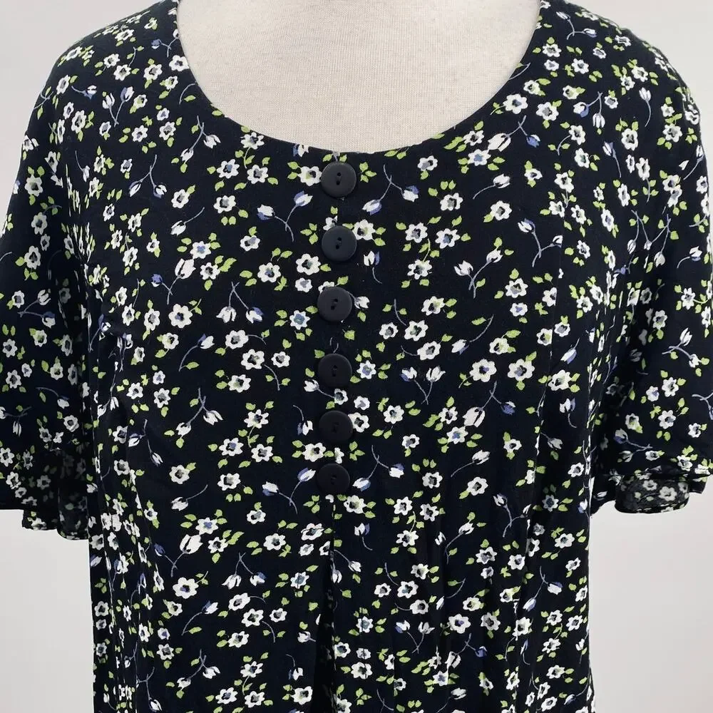 Vintage 90s Floral Romper Mini Dress Split Front A Line Black White Womens 16 1X - Picture 3 of 10